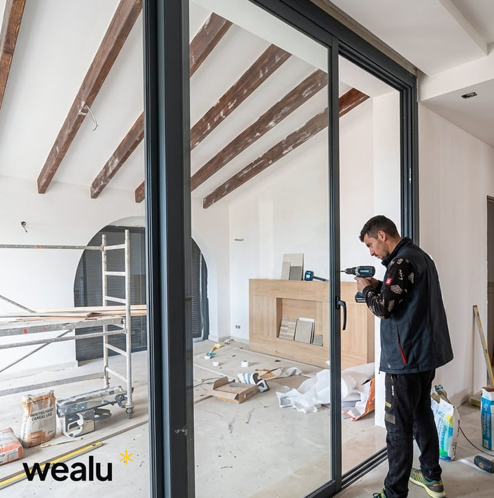 Technicien Aluminium Tanger en cours d'installation d'une baie coulissante en aluminium anthracite dans une villa en chantier