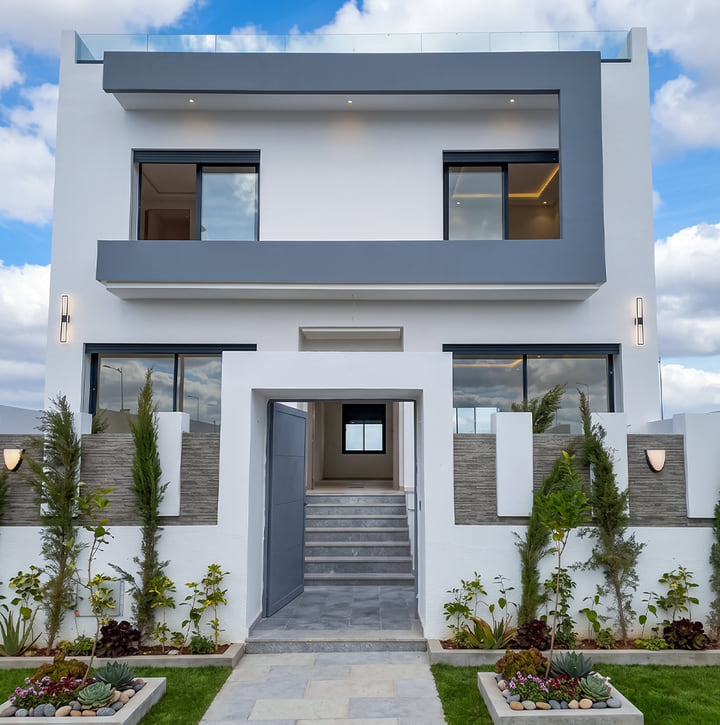 Façade de villa moderne à Malabata équipée de fenêtres en aluminium anthracite et porte d'entrée pleine — Aluminium Tanger