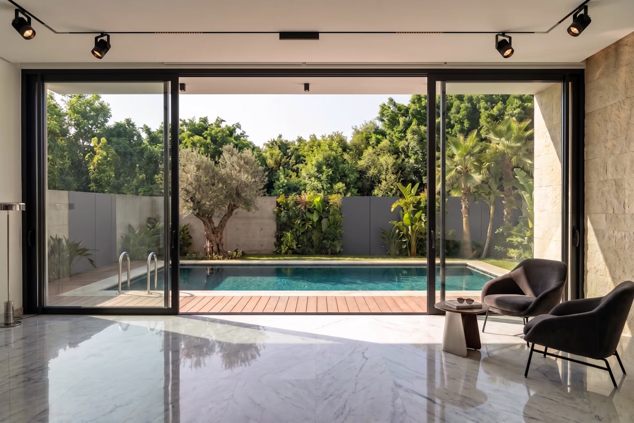 Salon moderne avec de grandes baies coulissantes en aluminium noir donnant sur une piscine et un jardin
