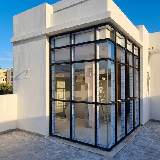 Véranda d'angle en mur-rideau VEP à trame aluminium noire sur une terrasse à Tanger — Aluminium Tanger